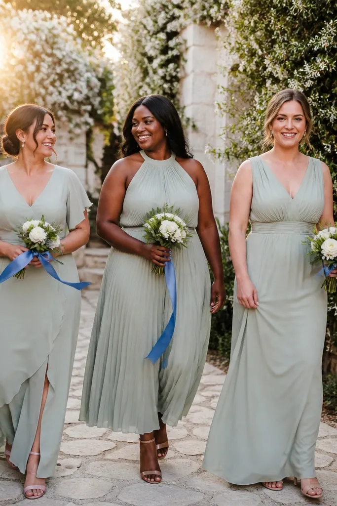 Bridesmaids walking outdoors holding bouquets with visible ribbon colors