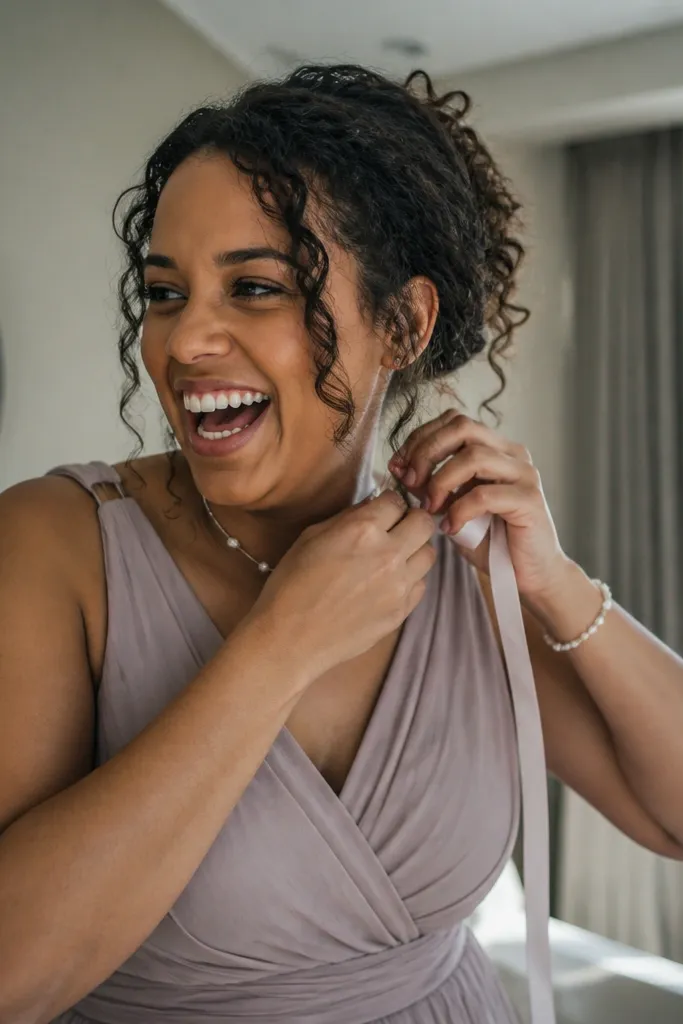 Bridesmaids laughing near a window while adjusting hair and jewelry
