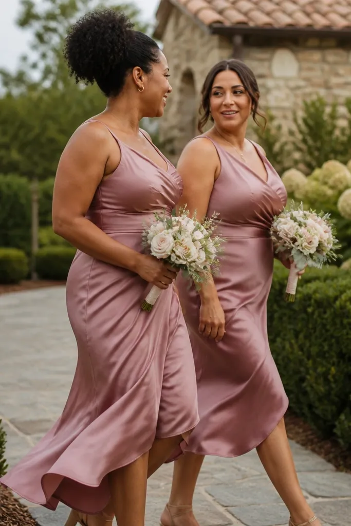Bridesmaids walking along a garden path in side profile holding bouquets