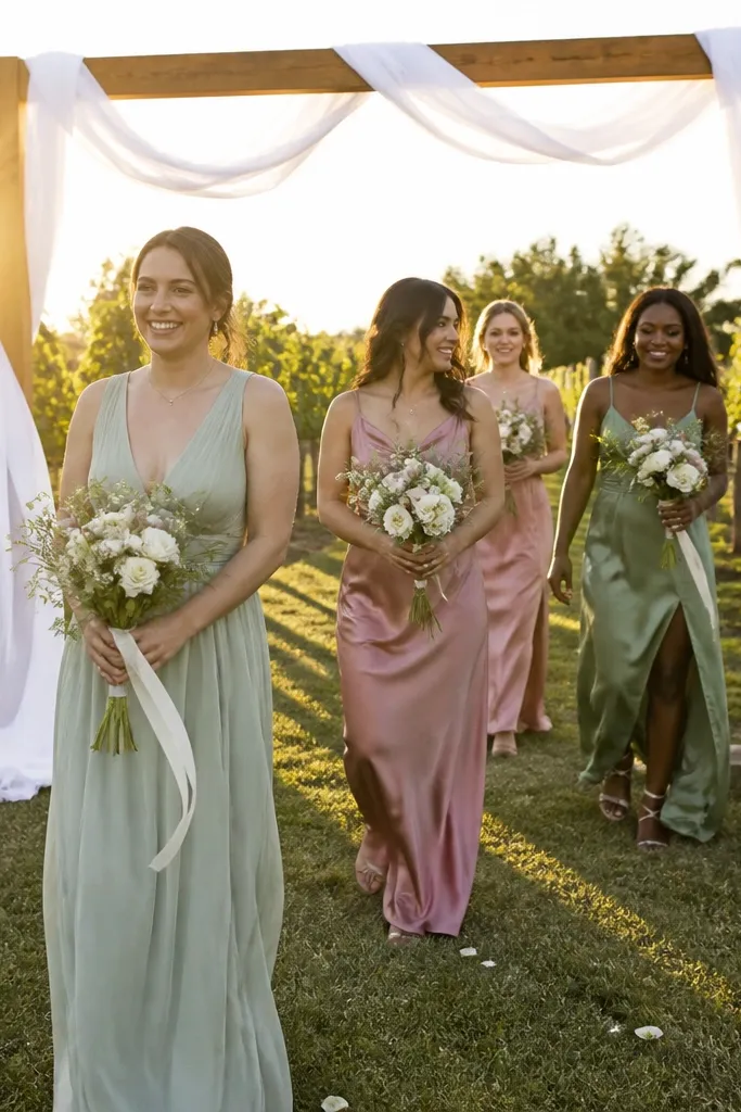 Bridesmaids walking out through an arch in warm sunset light