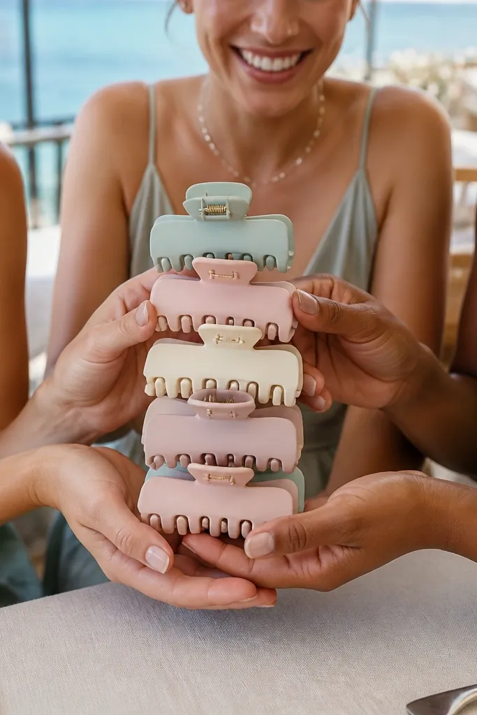 Bridesmaids showing matching hair clips held in their palms