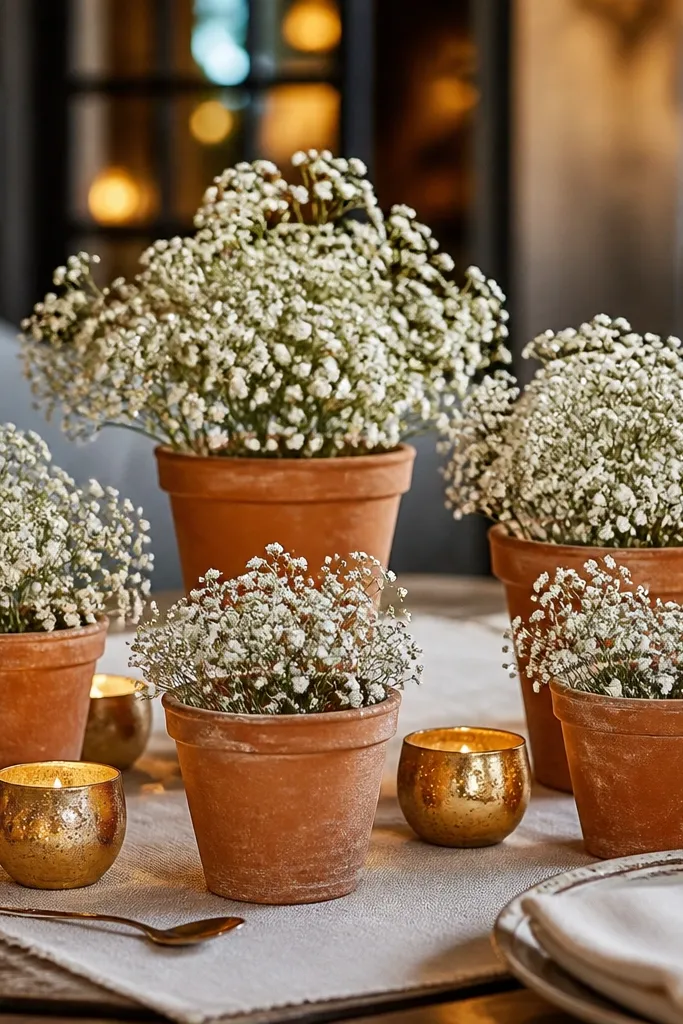 Terracotta pots with airy white baby's breath and brass candle holders