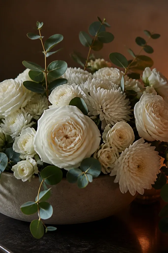 White floral bowl with white flowers and sculptural eucalyptus leaves