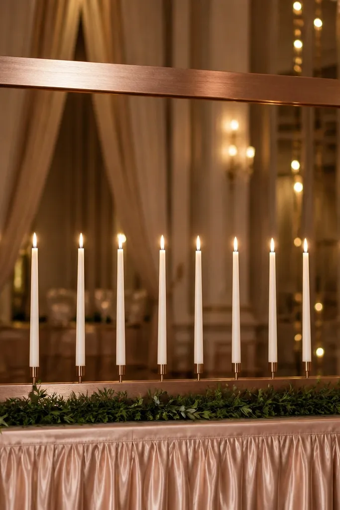 Rose-gold picture frame with taper candles arranged like a centerpiece
