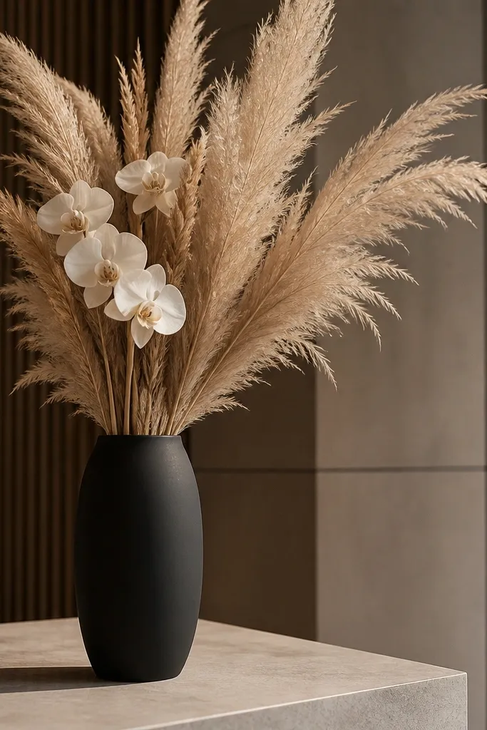 Matte black vase with long pampas grass and a few white flowers