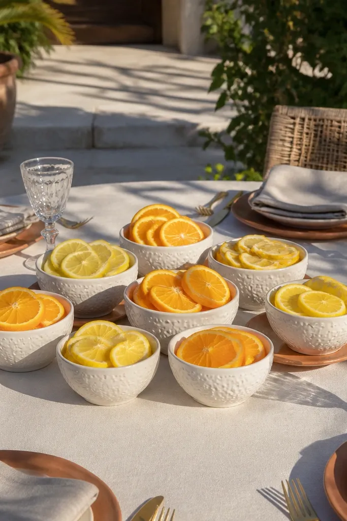 Small white ceramic bowls with orange slices and green leaves on a round table