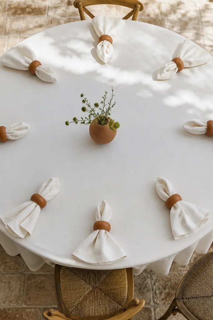 Folded linen napkins with terracotta napkin rings arranged around a round table