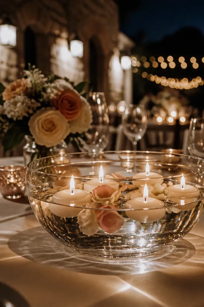 Shallow glass bowl with floating candles and scattered petals on a round table