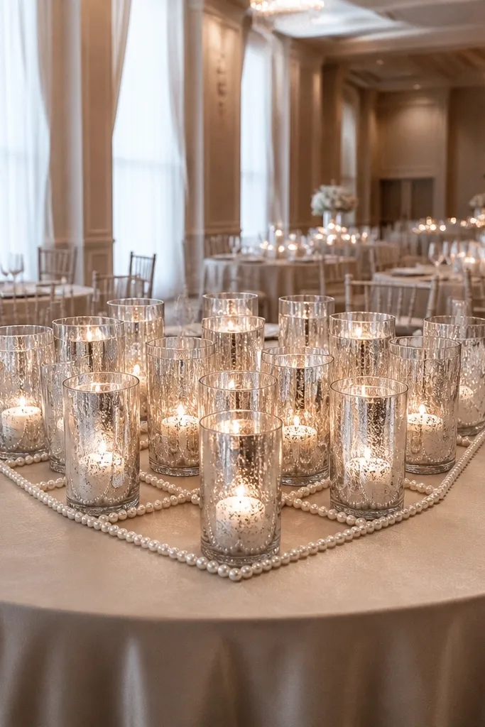 Silver candle holders with pearl beads arranged in a grid on a round table