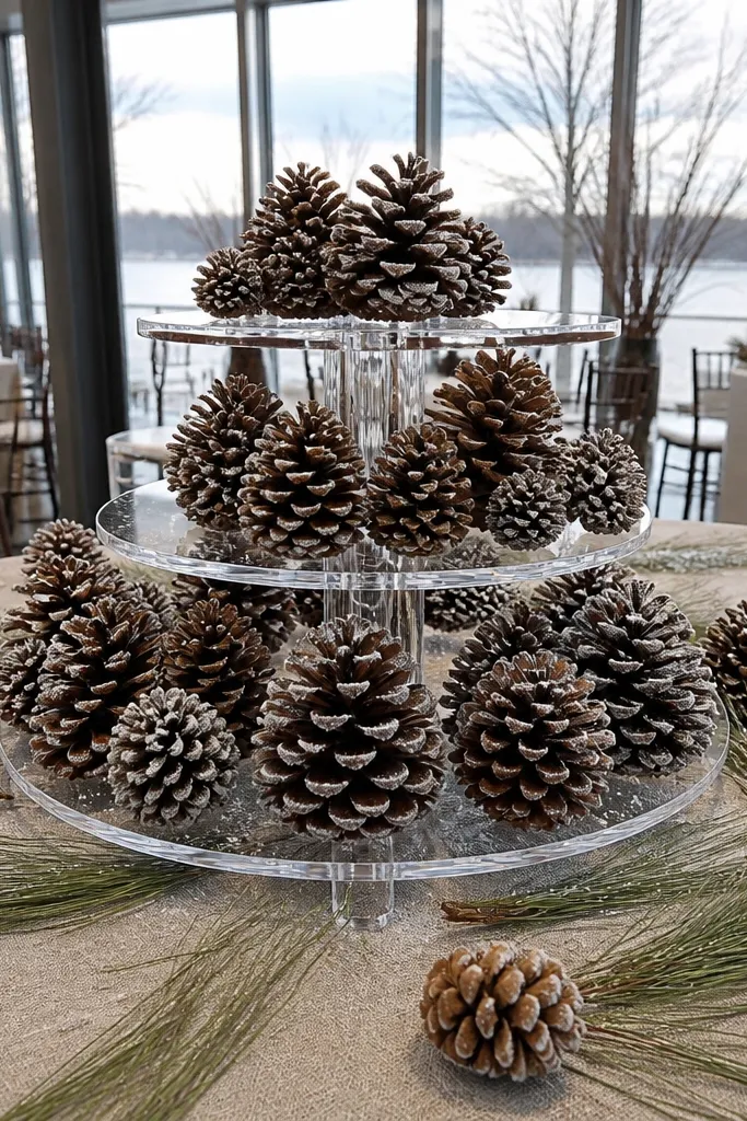 Clear acrylic stand with pinecones and white salt accents on a round table