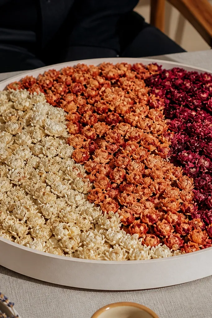 Small dried flower capsules placed on a round tray with color-block accents