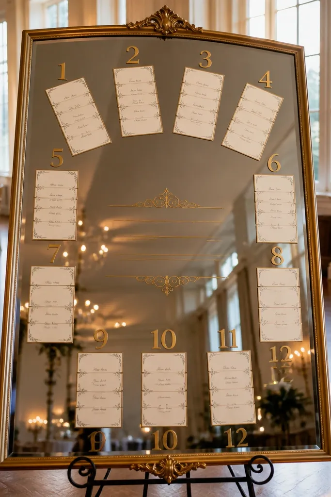 A framed mirror with gold lettering and table cards arranged around the reflection