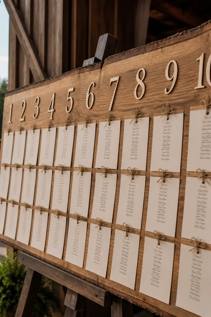 A live-edge wood slab with laser-cut table numbers and mounted guest name cards