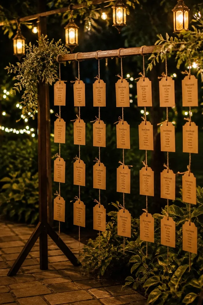Warm lanterns with hanging table tags listing guest names