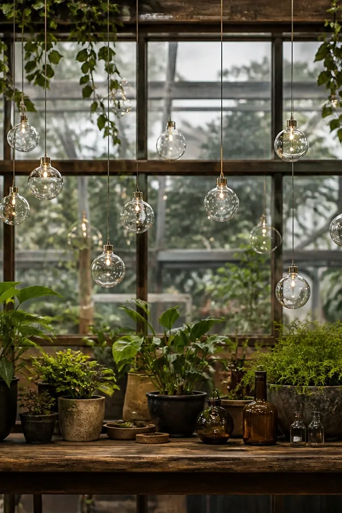 Old window frame backdrop with hanging glass bulbs and trailing greenery
