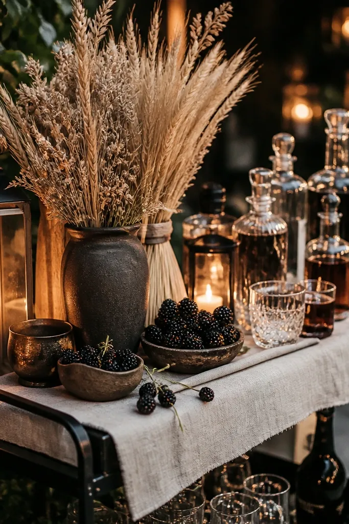 Linen-covered bar cart with dried wheat bundles and blackberries in small bowls