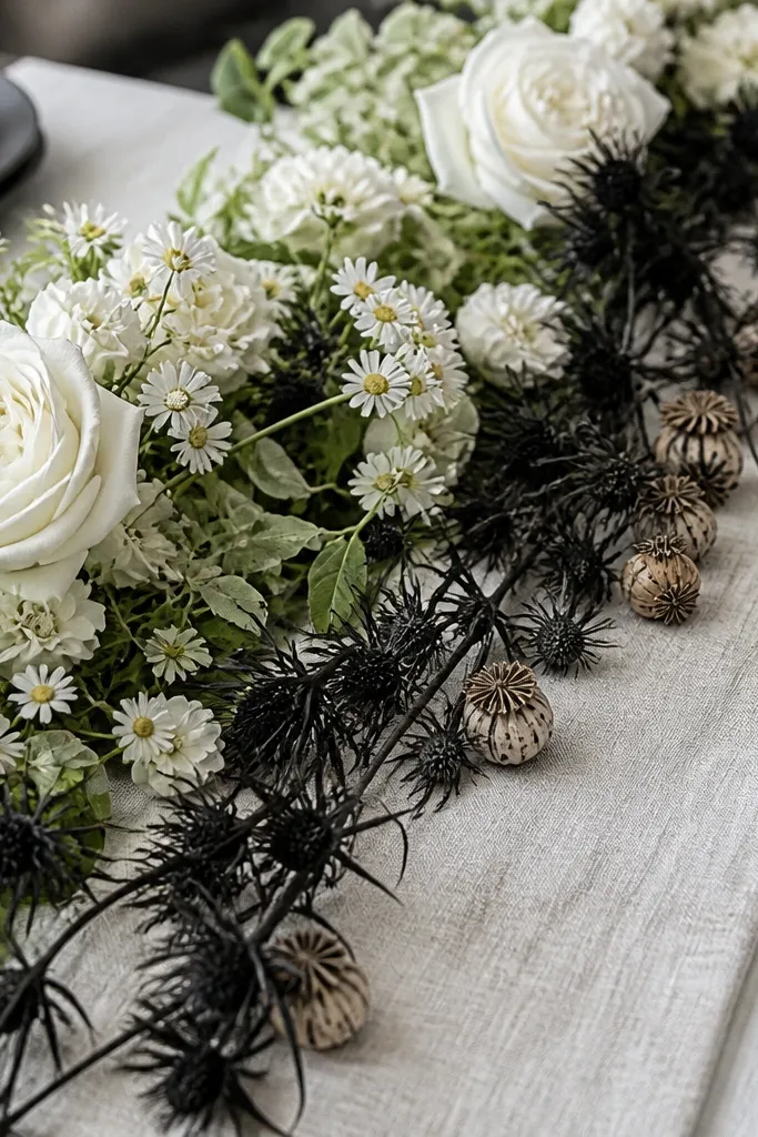 Monochrome flower runner down a table with one contrasting texture element