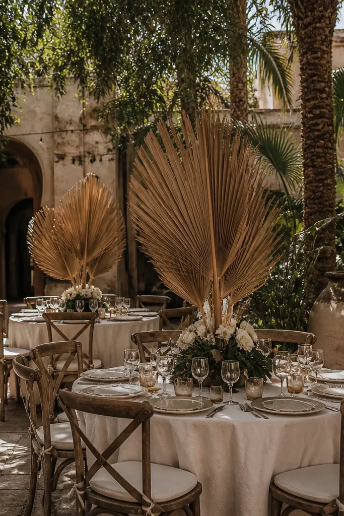 Dried palm fan centerpieces on a dining table with minimal flowers