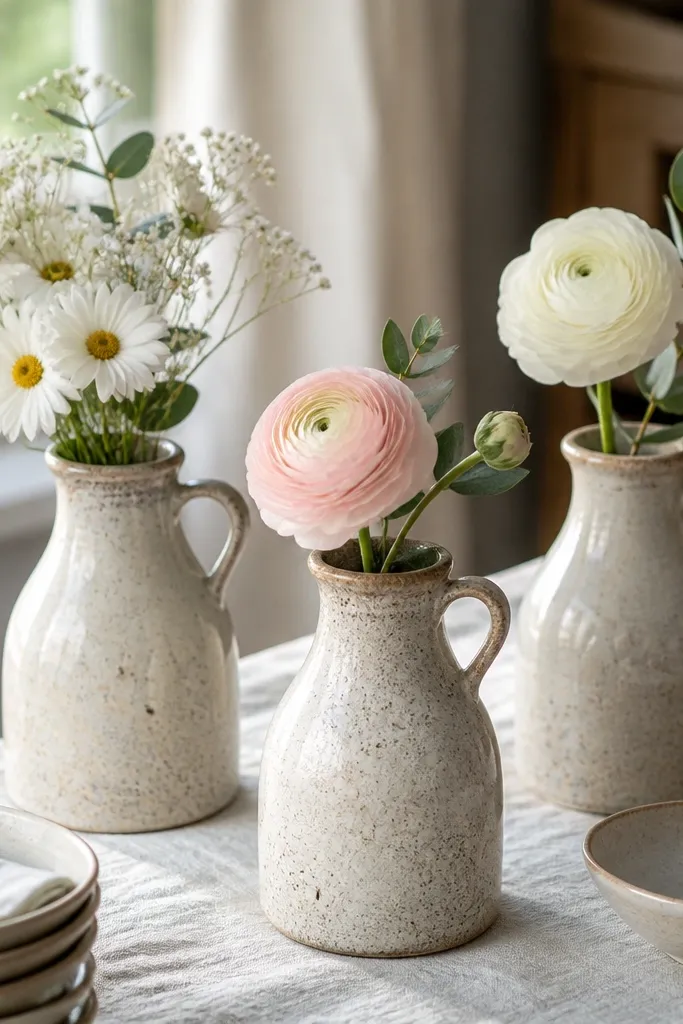 Small stoneware milk jugs used as bud vases with single stems