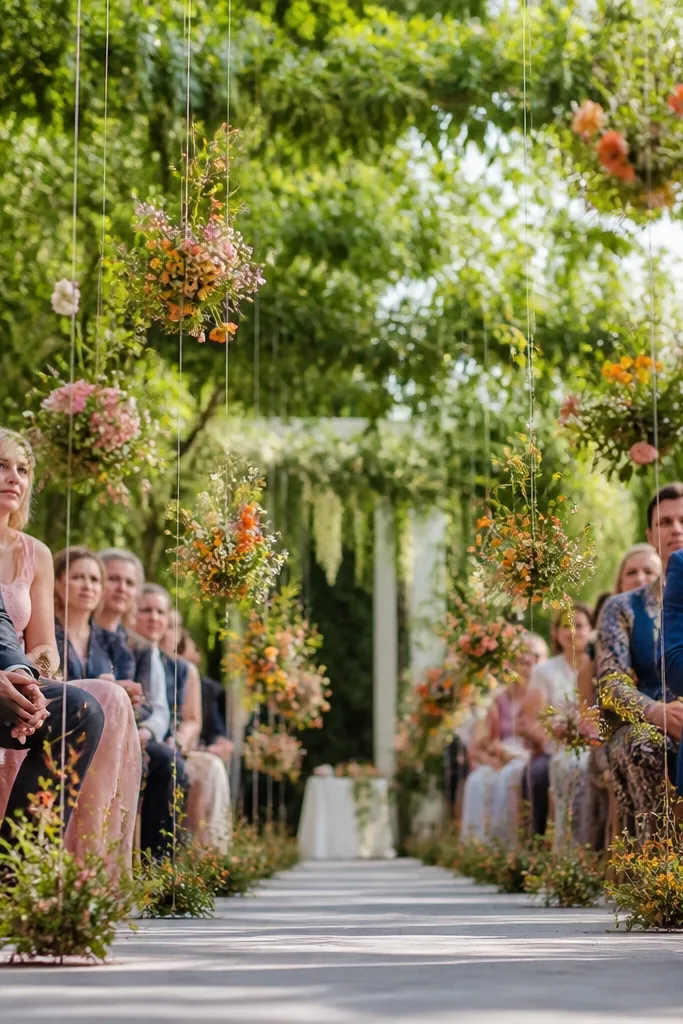 Small hanging floral clusters suspended on clear line above ceremony seating
