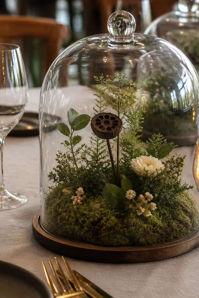 Glass cloche domes on tables with mossy greenery and small blooms inside