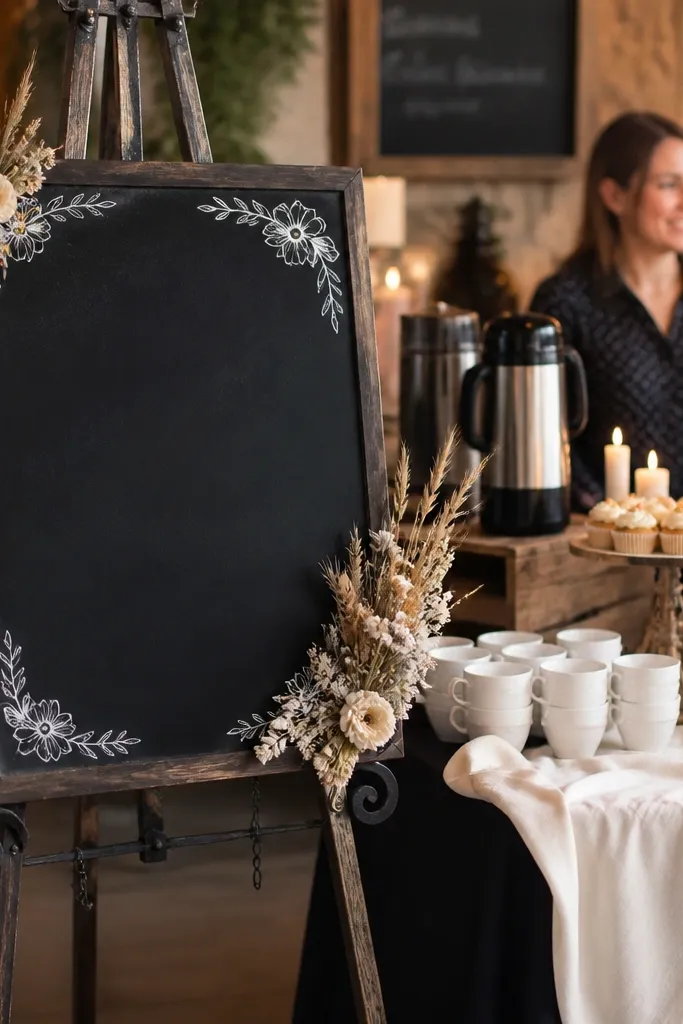 Blackboard menu with chalk writing and small dried flower corners