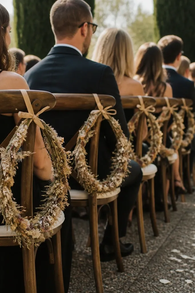 Small dried flower hoop wreaths tied to chair backs with neutral ribbon