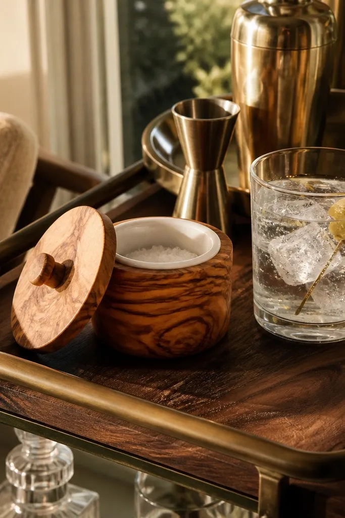 Small olive wood salt cellar with a ceramic dish beside dark cocktail glasses
