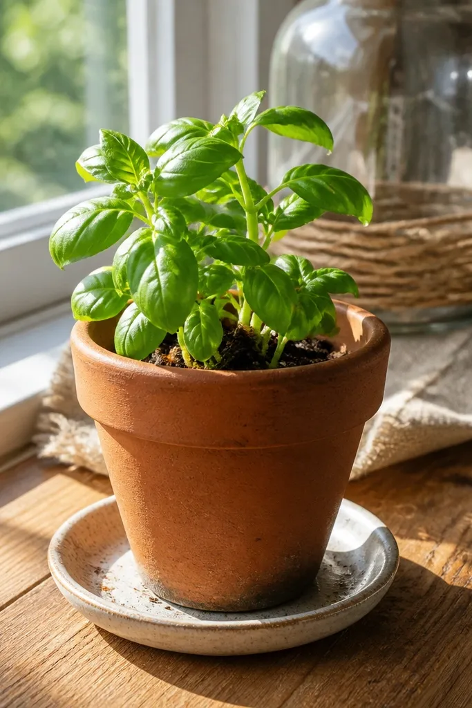 Mini terracotta planter with basil sprouts and a small seed packet