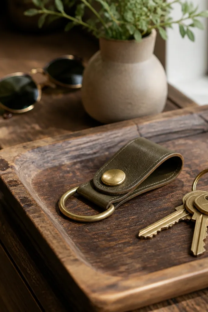 Tan leather key fob with brass snap hanging from a ring on a dark fabric