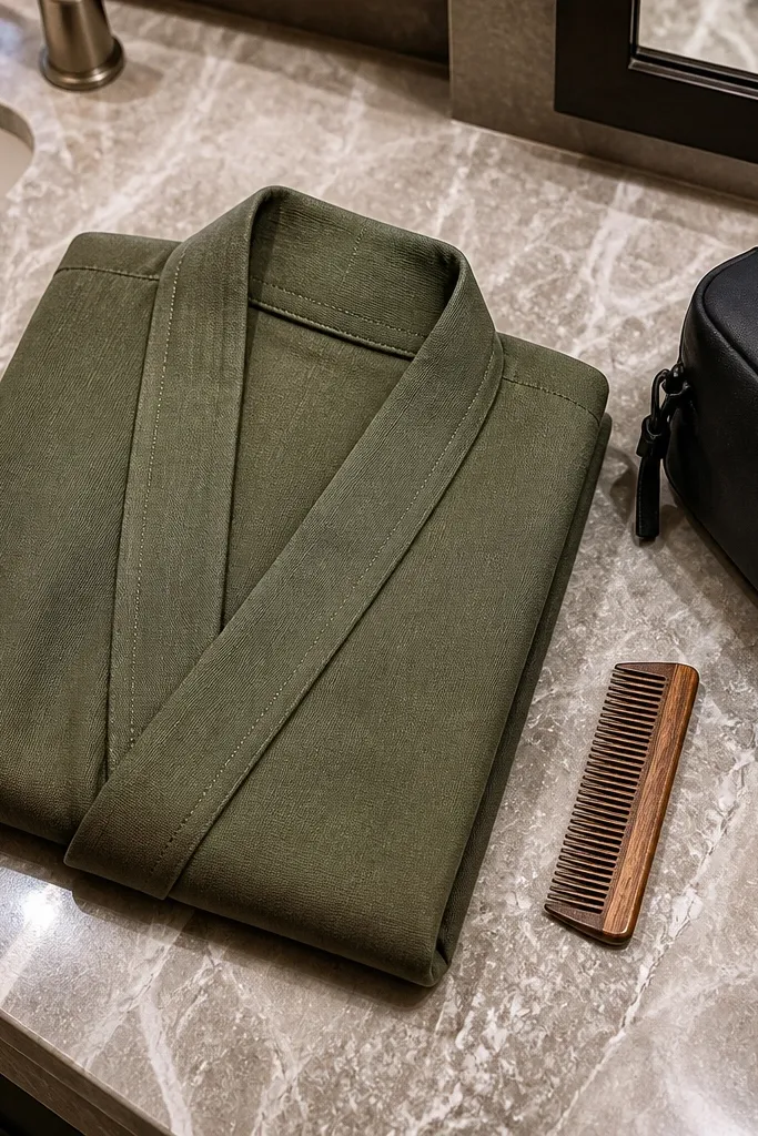Olive fabric travel barber wrap folded with a small comb and scissors on a wooden surface