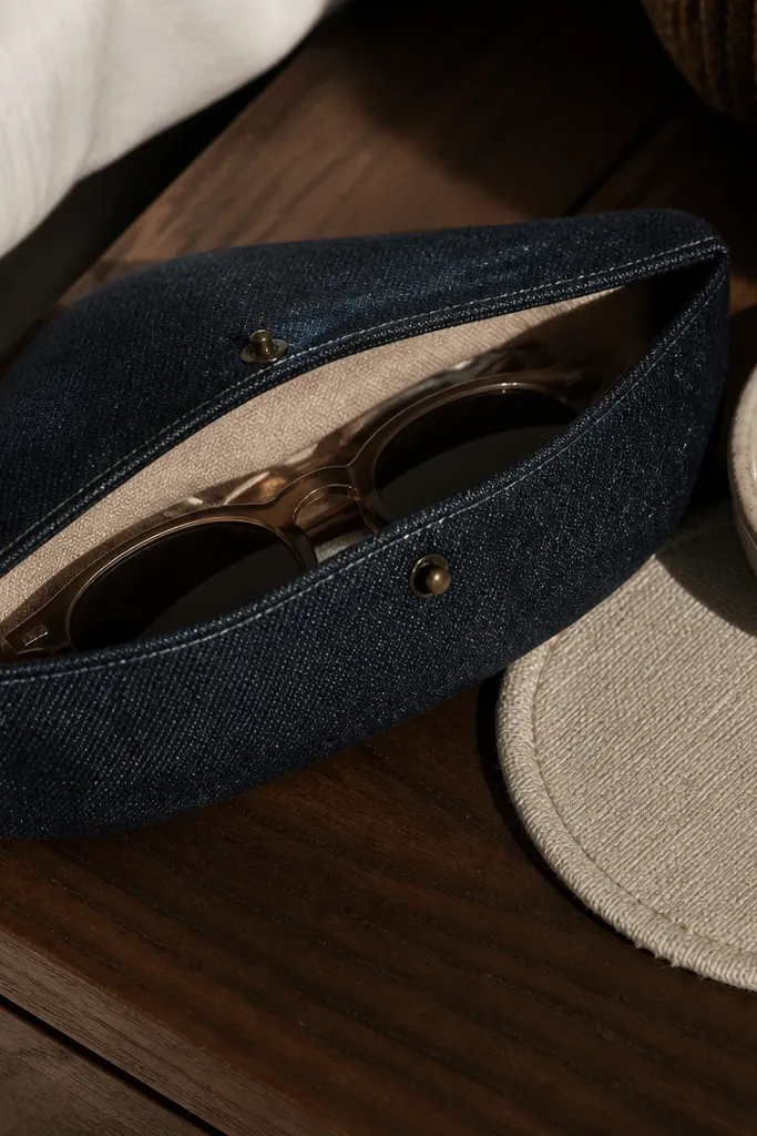 Dark denim sunglasses case with canvas lining on a tan linen background