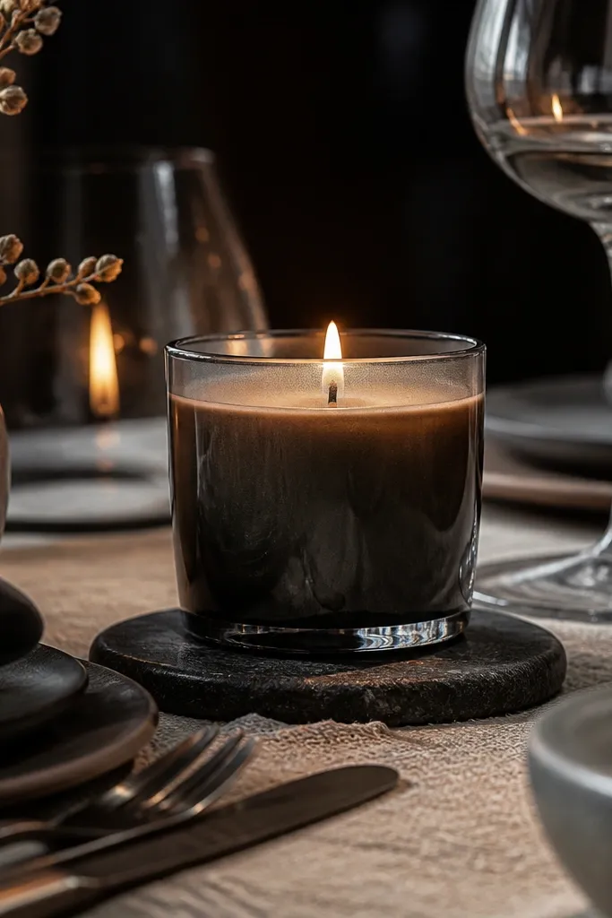 Charcoal glass candle with a cream label resting on a dark stone slab