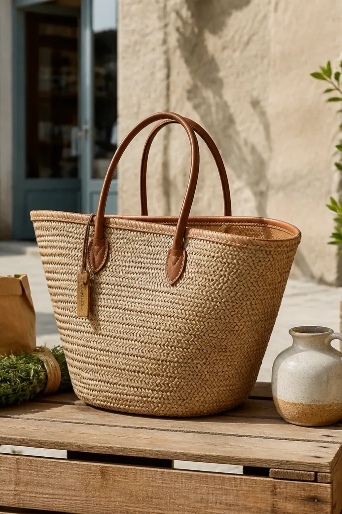 Natural woven tote with brown leather handles folded on a light wooden table
