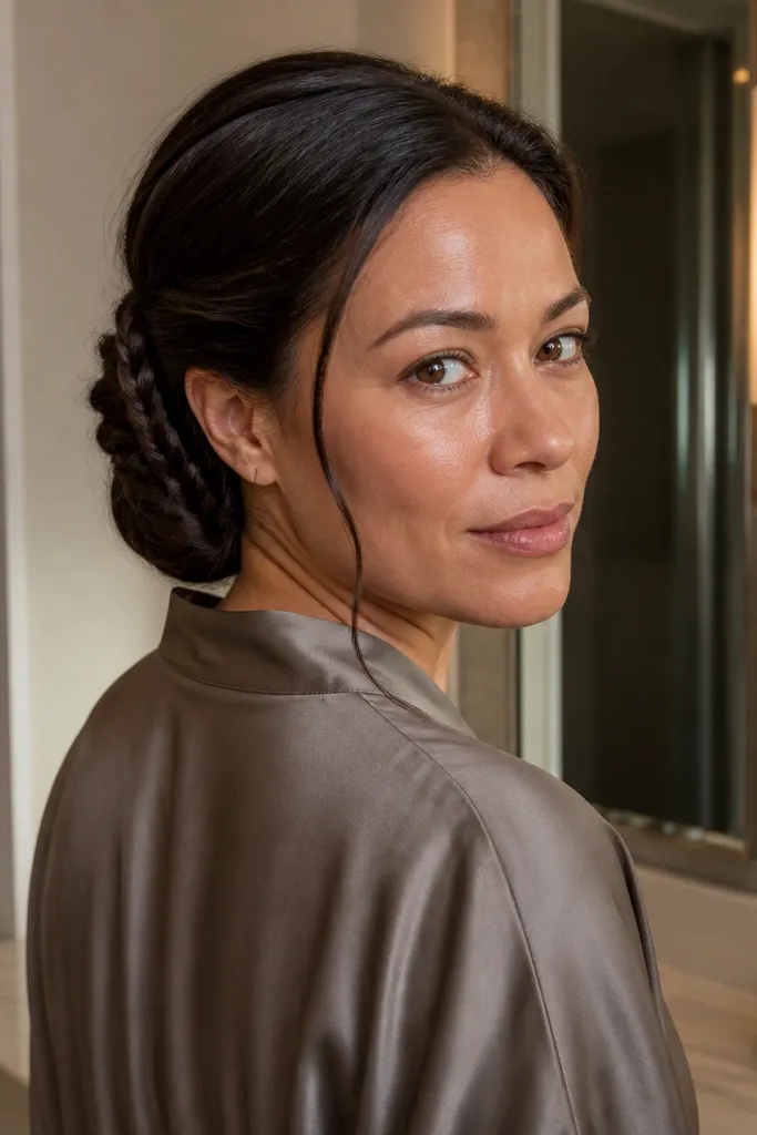 Dark blonde hair in a low bun with a braid tucked underneath