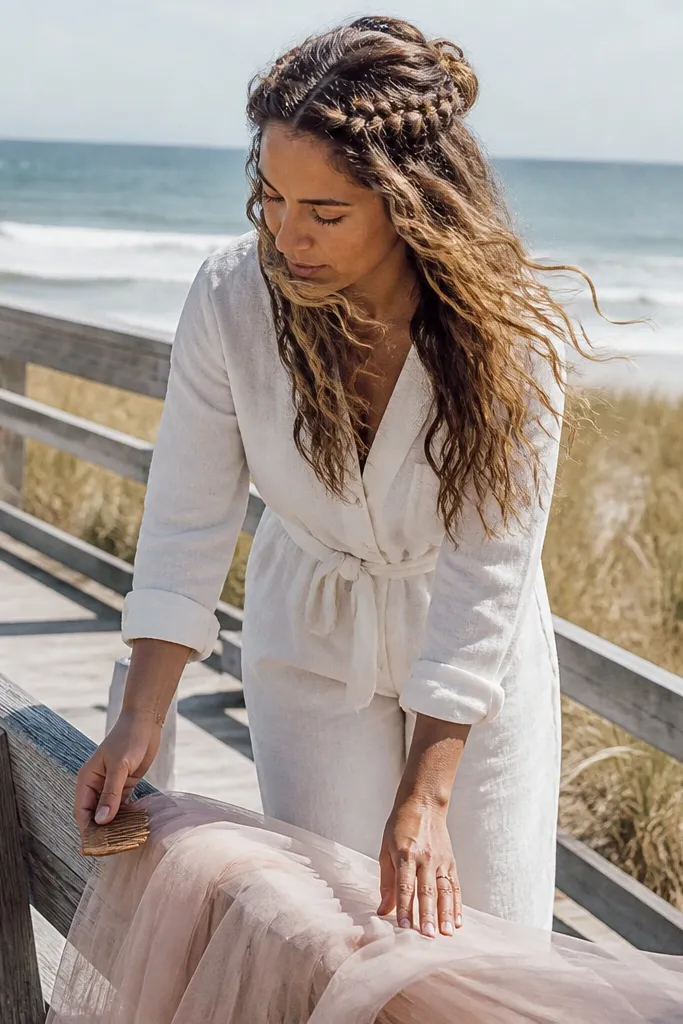 Wavy hair half-up with a waterfall braid and a soft twisted crown