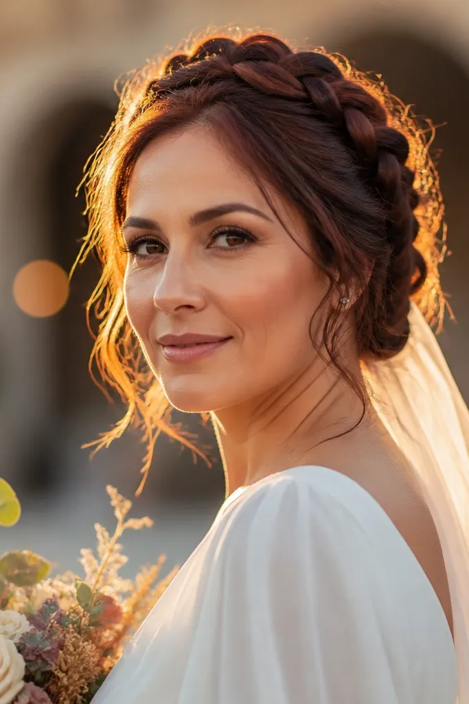 Hair styled in a braided crown with a few loose strands around the face