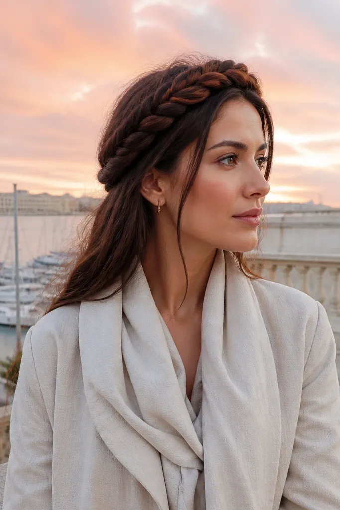 Braided halo around head with a small soft knot at the center