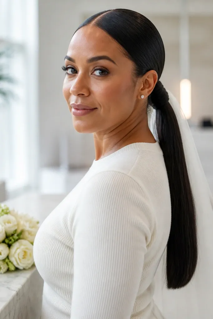 Sleek low pony with braided wrap at the base