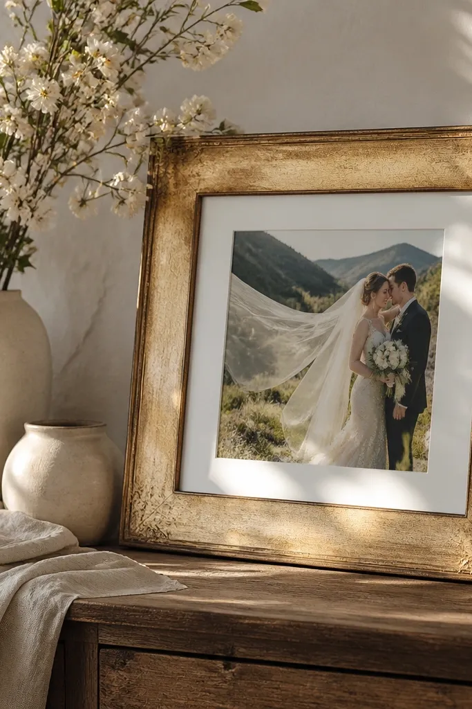 Gold leaf frame with wedding placed slightly off-center