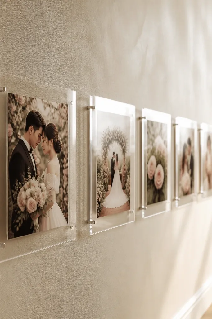 Row of clear acrylic stands showing wedding photos in a straight line