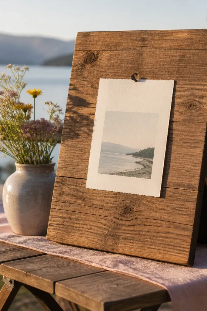 Cedar plank frame holding a wedding with a hanging nail corner detail