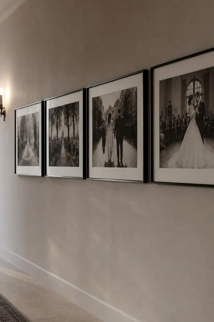Thin black frames in a horizontal strip showing black and white wedding photos