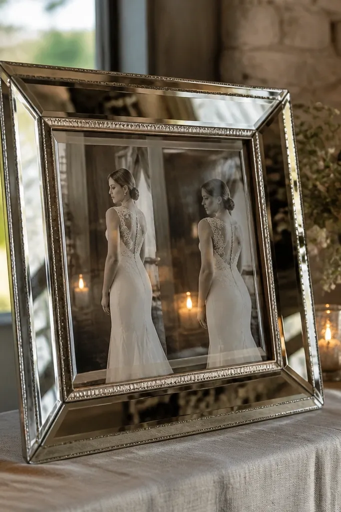 Mirror-backed wedding frame with a mirrored reflection effect