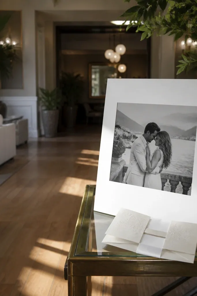 Oversized polaroid-style frame with thick white border around a wedding