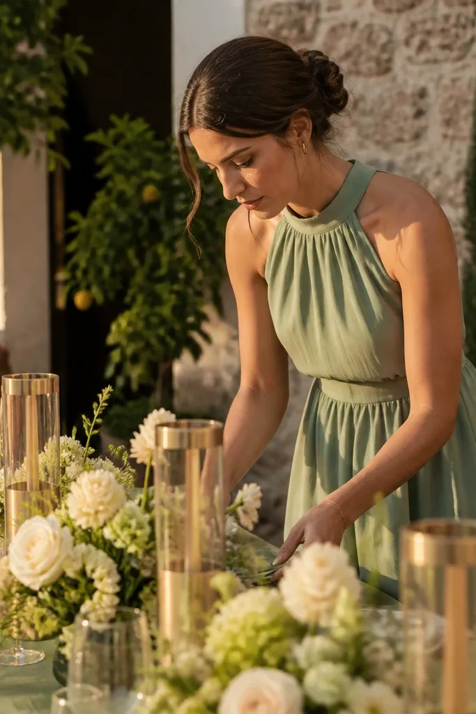 Pistachio green table runners with soft cream florals and toasted wheat gold candle trays