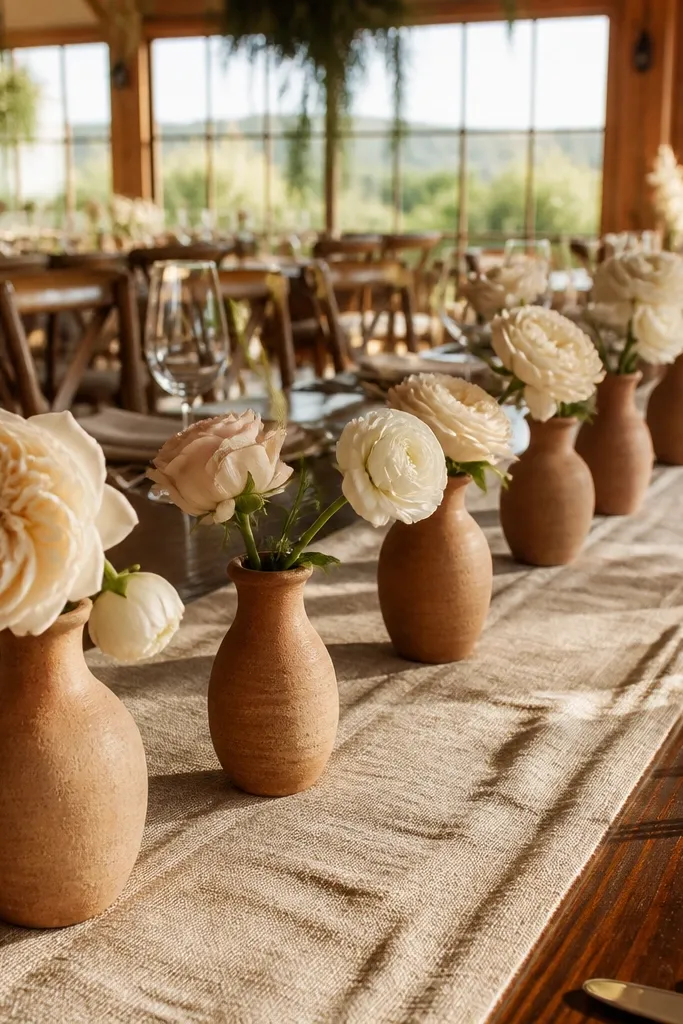 Oat linen runner with a straight line of clay bud vases and small cream blooms