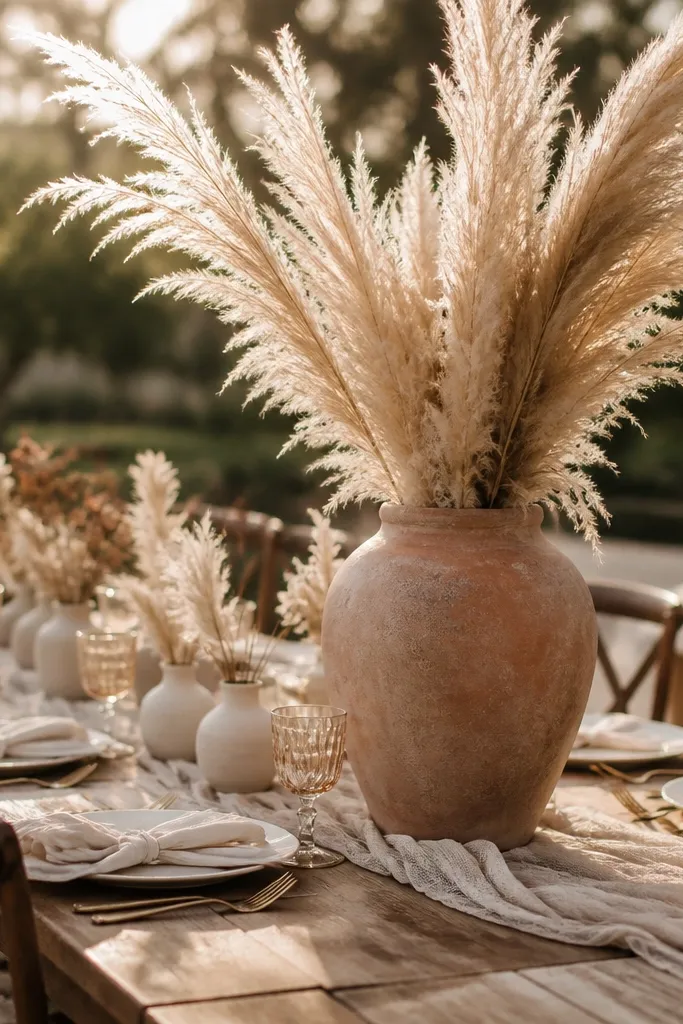 Tall terracotta urn filled with dried pampas feathers and a few cream blooms