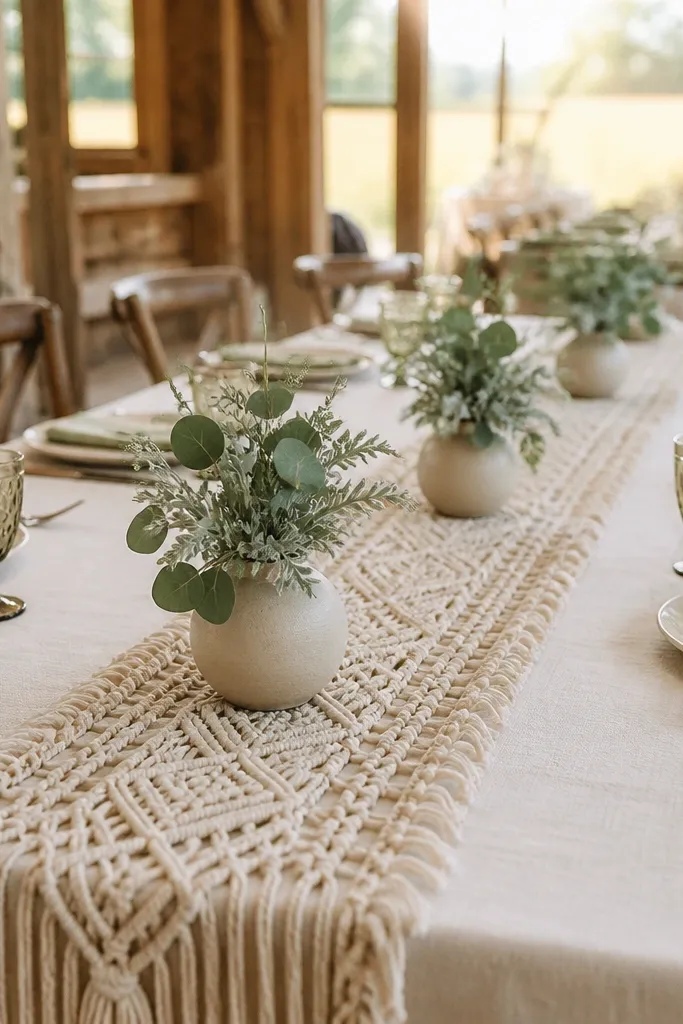 Macramé runner with small greenery clusters in neutral containers