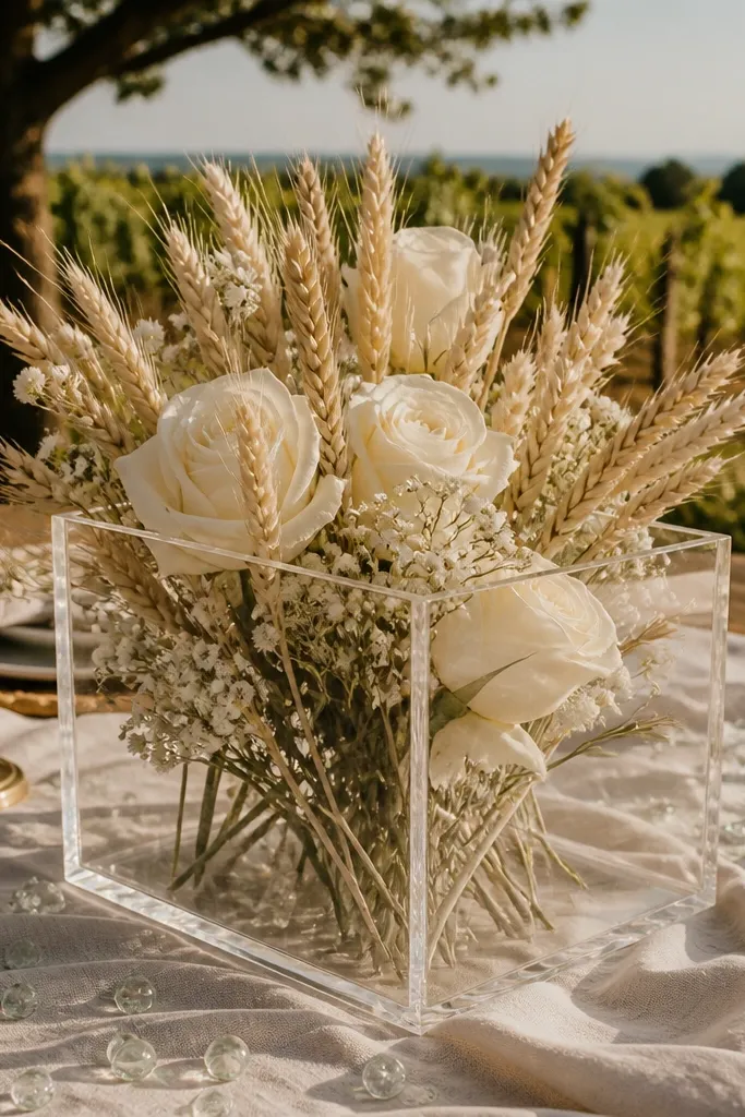 Clear lucite box filled with cream florals and dried stems on a linen table